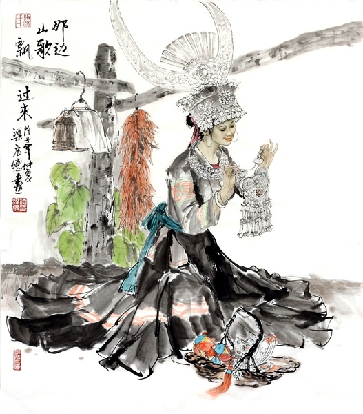 那边山歌飘过来(国画)80×69cm-梁启德作